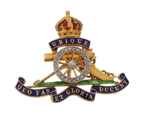 An early 20th century 18ct gold diamond and enamel Royal Artillery military sweetheart brooch, 34.8mm, 7.7g Condition Report: