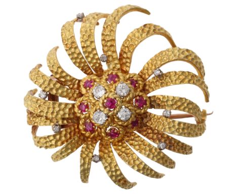 A large 1960s ruby and diamond flowerhead brooch, textured settings with round-cut rubies and round brilliant-cut diamonds, w
