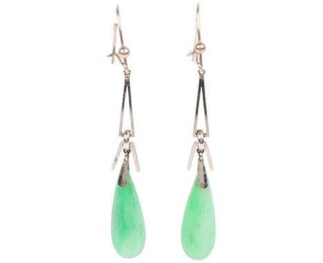 A pair of Art Deco jade drop earrings, circa 1920s, each with openwork geometric frame suspending polished teardrop jade, wit