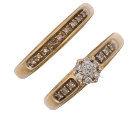 A modern 9ct gold diamond engagement and quarter eternity ring set, each band width 4.4mm, size P, 4.4g total (2) Condition R