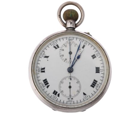 An early 20th century silver-cased open-face keyless chronograph pocket watch, white enamel dial with Roman numeral hour mark