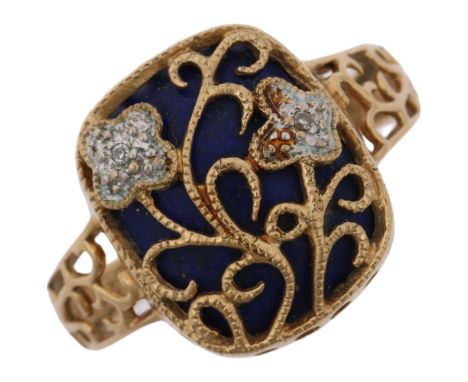 A modern 9ct gold lapis lazuli and diamond floral panel ring, setting height 13.9mm, size L, 2.7g Condition Report: No damage