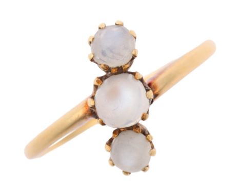 An Edwardian 18ct gold three stone moonstone ring, indistinct maker, Birmingham 1908, claw set with round cabochon moonstones