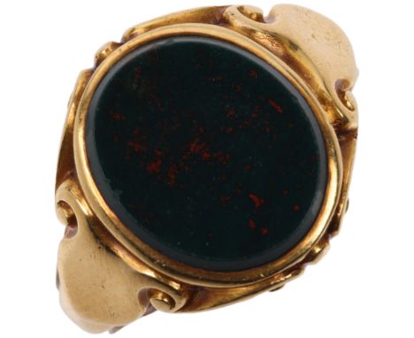 A 19th century 18ct gold bloodstone signet ring, maker SW, London 1863, set with oval flat-top unascribed bloodstone panel wi