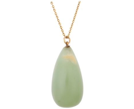 A polished jade teardrop pendant necklace, on 9ct cable link chain, pendant 41.8mm, chain 40cm, 22.3g Condition Report: Some 