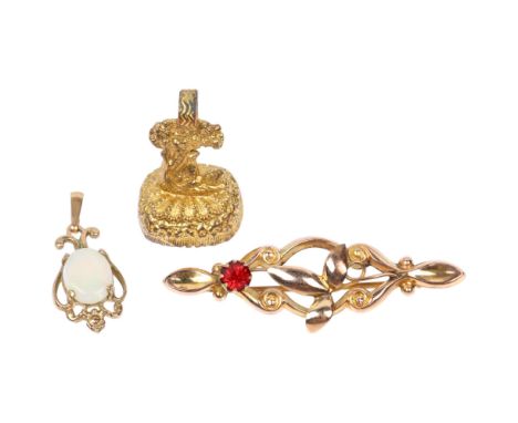 Various jewellery, including 9ct gold opal pendant, gilt-metal 'As you like it' seal fob, and another 9ct gold brooch, 43.1mm