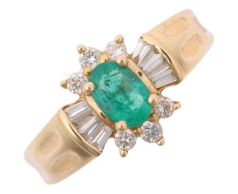 A Continental 14ct emerald and diamond flowerhead cluster ring, set with oval mixed-cut emerald with tapered baguette and mod