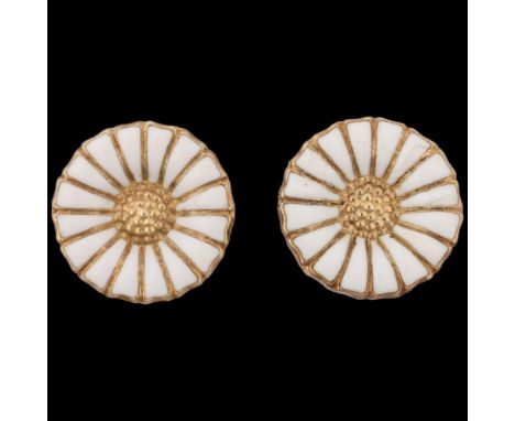 GEORG JENSEN - a pair of Danish modernist sterling silver-gilt white enamel daisy pattern earrings, with stud fittings, 11.5m