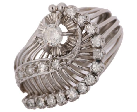 A mid-20th century diamond openwork eye cocktail ring, set with round brilliant and eight-cut diamonds, apparently unmarked, 