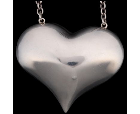 A large Danish modernist stylised heart pendant necklace, with integral cable link chain, apparently unmarked by tests as ste