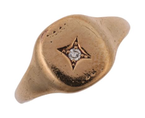 A 9ct gold solitaire diamond signet ring, indistinct hallmarks, setting height 9.5mm, size L, 1.9g Condition Report: Ring hea