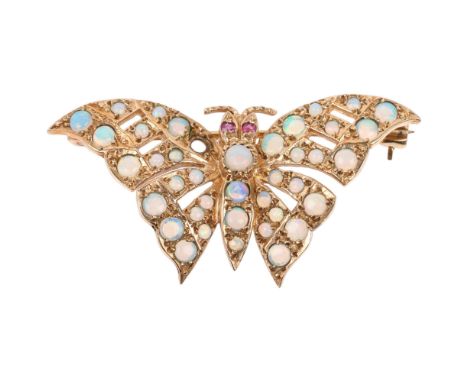 A late 20th century 9ct gold ruby and opal figural butterfly brooch, maker HBJ, London 1984, wingspan 40.8mm, 4.7g Condition 