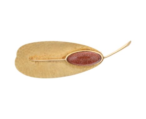 A 1960s goldstone stylised leaf brooch, indistinct mark on pin, 57.8mm, 6.9g Condition Report: No damage or repair, only ligh