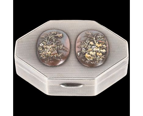 A Fine Art Deco George V silver and Japanese Shakudo box, SJ Rose, London 1933, octagonal form with 4 applied Shakudo birds a