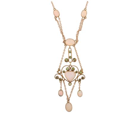 An Art Nouveau Edwardian 15ct gold opal and green tourmaline openwork lavaliere pendant necklace, circa 1900, rub-over set wi