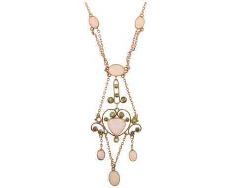 An Art Nouveau Edwardian 15ct gold opal and green tourmaline openwork lavaliere pendant necklace, circa 1900, rub-over set wi