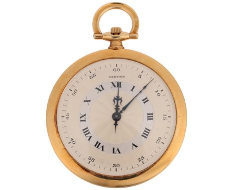 CARTIER - a French Art Deco 18ct gold slimline open-face keyless pocket watch, silvered engine turned sunburst dial with Roma