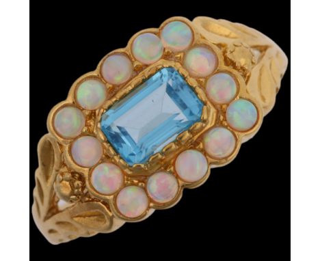 A modern silver-gilt blue topaz and synthetic opal cluster ring, in the Georgian style, setting height 10.2mm, size P, 2.8g C