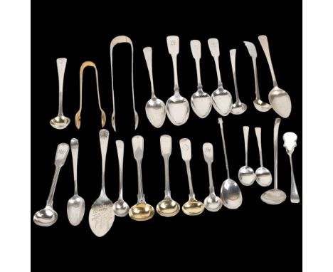 Various silver flatware, including George III sugar tongs, mustard spoons, teaspoons etc, 9.8oz total Condition Report: Lot s