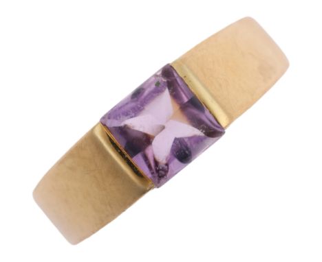 A modern 18ct gold amethyst tank style ring, set with square cabochon amethyst, no maker's marks, setting height 5.9mm, size 