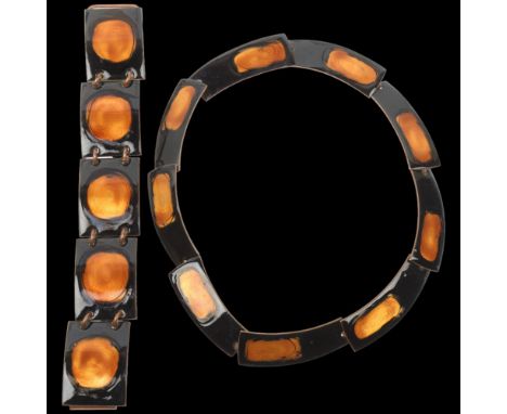 A Vintage Danish copper and enamel panel necklace and bracelet set, necklace 37cm, bracelet 17cm, 99.6g total (2) Condition R