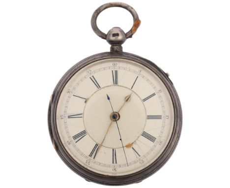 A 19th century silver-cased open-face key-wind chronograph pocket watch, white enamel dial with Roman numeral hour markers, g