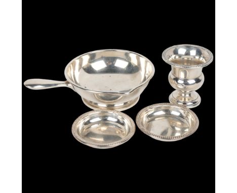 Various American sterling silver, including feeding bowl with handle, pair of Birks nut shell trays, and a small Birks Campan