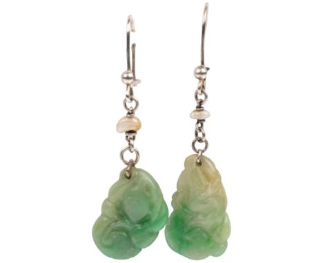 A pair of jade and pearl 'Double Gourd' drop earrings, circa 1930s, each with carved and polished jade panel suspended from l