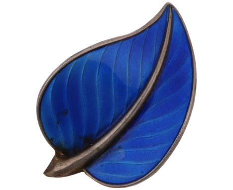 A Norwegian sterling silver and blue enamel leaf panel ring, apparently unmarked, setting height 19.7mm, size M, 5.4g Conditi