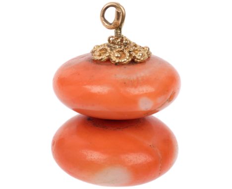 A Victorian coral button bead pendant, with cannetille mount, 24.8mm, 8.6g Condition Report: No damage or repair, unmarked