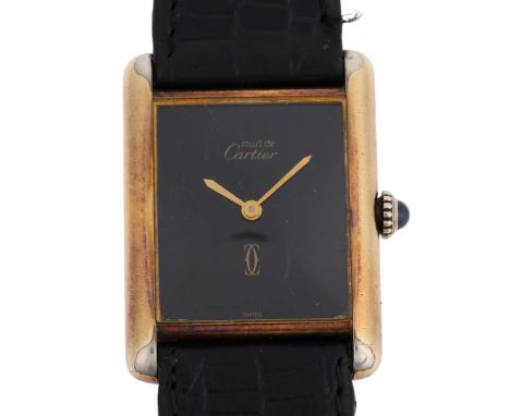 LES MUST DE CARTIER - a mid-size vermeil sterling silver Tank mechanical wristwatch, circa 1979, black dial with CC logo, gil