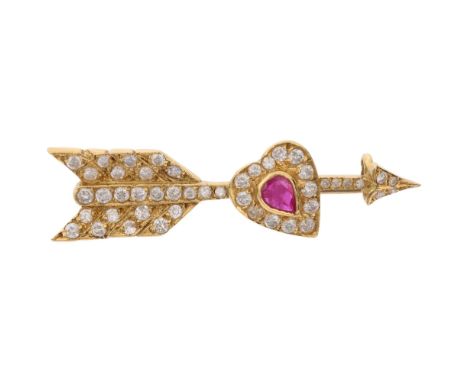 A late 20th century ruby and diamond heart and arrow brooch, set with pear-cut ruby and modern round brilliant-cut diamonds, 