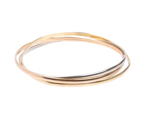 An Italian 18ct three-colour gold 'Trinity Style' triple bangle, individual band width 3mm, internal circumference 20cm, 17.3