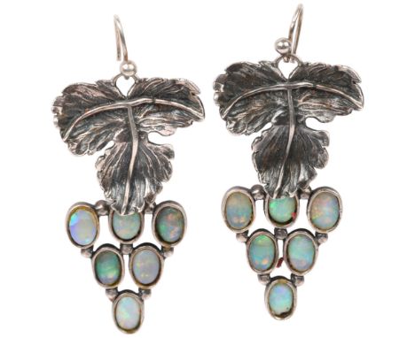 A pair of Art Nouveau style silver and opal doublet grape drop earrings, maker BJT, London 1990, with shepherd hook fittings,