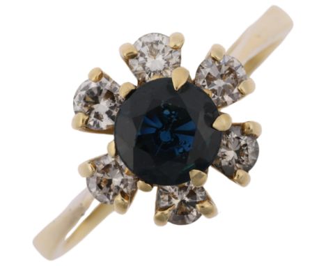 An 18ct gold sapphire and diamond flowerhead cluster ring, total diamond content approx 0.4ct, setting height 10.4mm, size N,