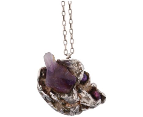 A Danish brutalist amethyst crystal and pearl abstract pendant necklace, apparently unmarked, on silver cable link chain, pen