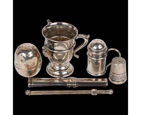 Various silver, including Edwardian novelty egg pepperette, Sampson Mordan &amp; Co propelling pencil, cocktail swizzle stick