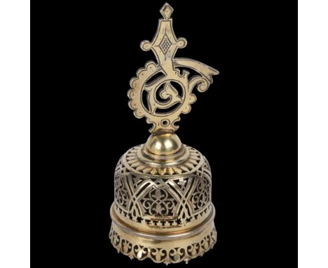 A Russian cast silver-gilt table bell, Alexander Moskvin, Moscow 1908 - 26, marked 84AM, height 12cm Condition Report: Small 