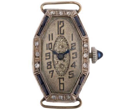 A lady's Art Deco 20ct white gold sapphire and diamond cocktail watch head, by Mayne Watch Co, circa 1930s, silvered foliate 