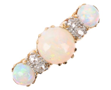 An early 20th century 18ct gold seven stone opal and diamond half hoop ring, set with round cabochon opals and old-cut diamon