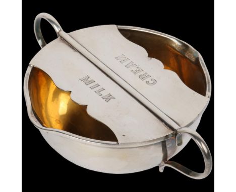An unusual Victorian silver combination milk/cream jug, Atkin Brothers, Sheffield 1899, circular form with engraved labels, g