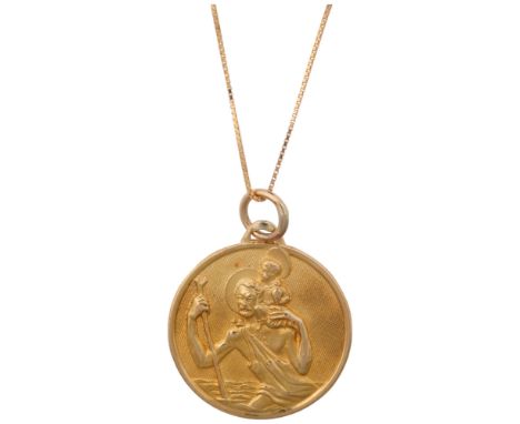 An Italian 18ct gold St Christopher pendant necklace, on 9ct fine box link chain, pendant 19.1mm, chain 50cm, 2.7g Condition 