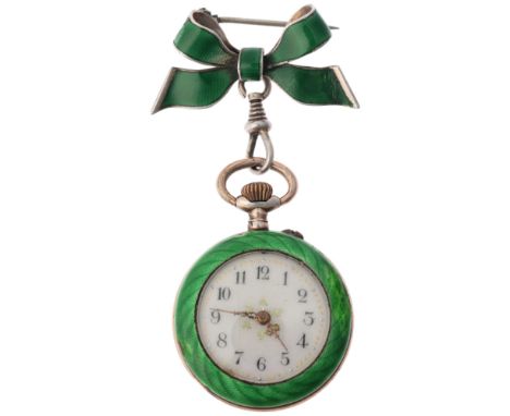 A Swiss silver-gilt green enamel open-face keyless fob watch, white enamel dial with hand painted Arabic numerals, gilt shamr