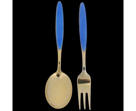 J TOSTRUP - a Norwegian vermeil sterling silver and blue enamel fork and spoon set, 14cm Condition Report: No damage or repai