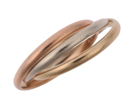 A 9ct three-colour gold "Trinity Style" triple band ring, maker G &amp; Co Ltd, London 1970, each band width 1.9mm, size K, 3