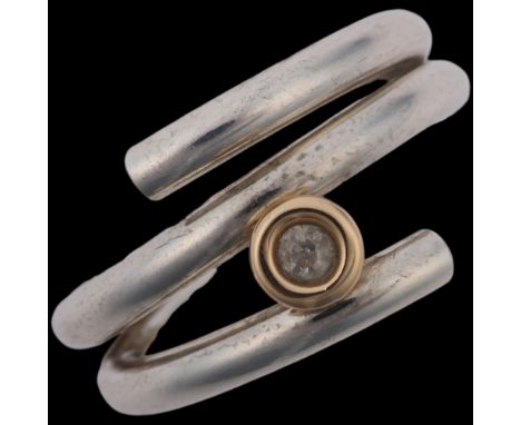 FRITS HEIRING SORENSEN - a modern Danish sterling silver cubic zirconia crossover band ring, setting height 13.2mm, size R, 1