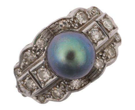 An Art Deco style whole black Tahitian pearl and diamond panel ring, setting height 11.5mm, size K, 6.1g Condition Report: No