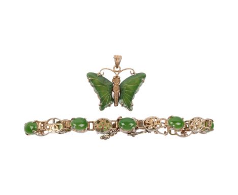 A Chinese silver-gilt jadeite panel bracelet and butterfly pendant, bracelet 17cm, pendant 26.5mm, 12.2g total (2) Condition 