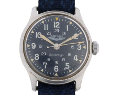 AIR FORCE - an aluminium Sovereign Combat Issue mechanical wristwatch, blue dial with white Arabic numerals, luminous syringe
