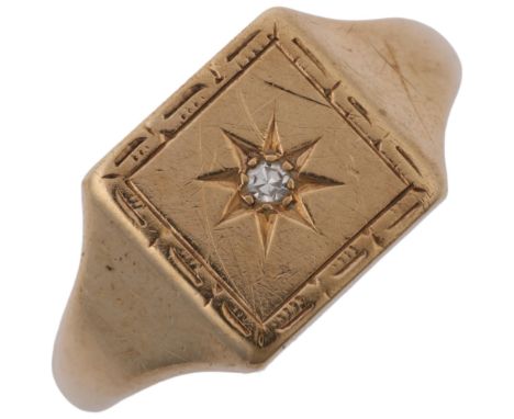 A mid-20th century 9ct gold solitaire diamond signet ring, maker HG&amp;S, Birmingham 1962, setting height 10.4mm, size Q, 5.
